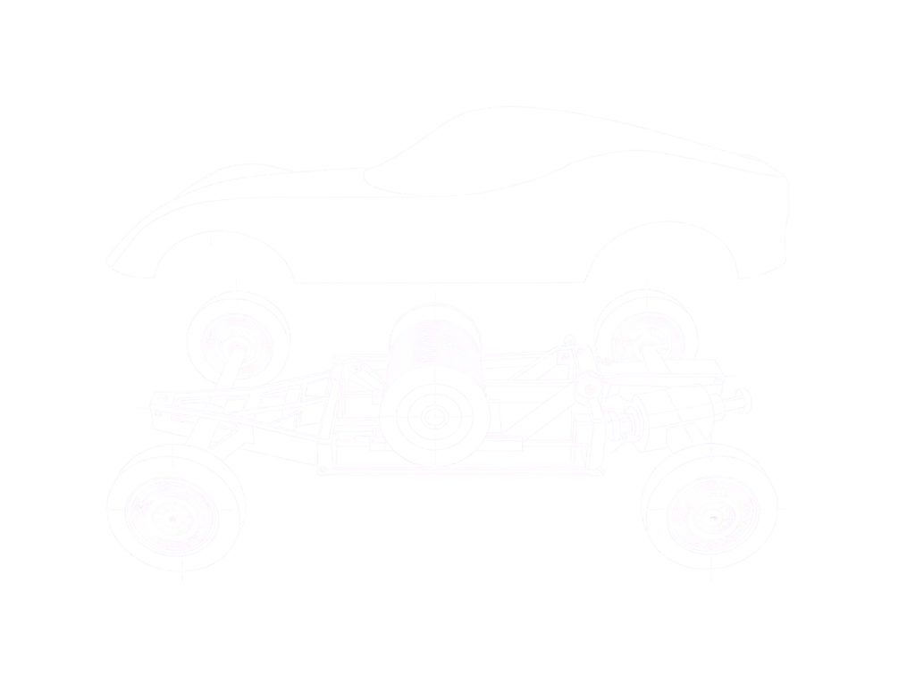 Top-down blueprint drawing of a toy race car with chassis, axles and body panels