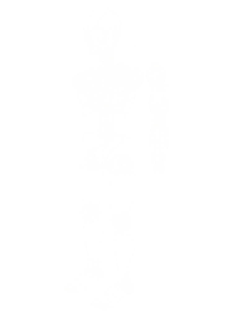 Blueprint drawing of an articulated action figure with ball-and-socket joints