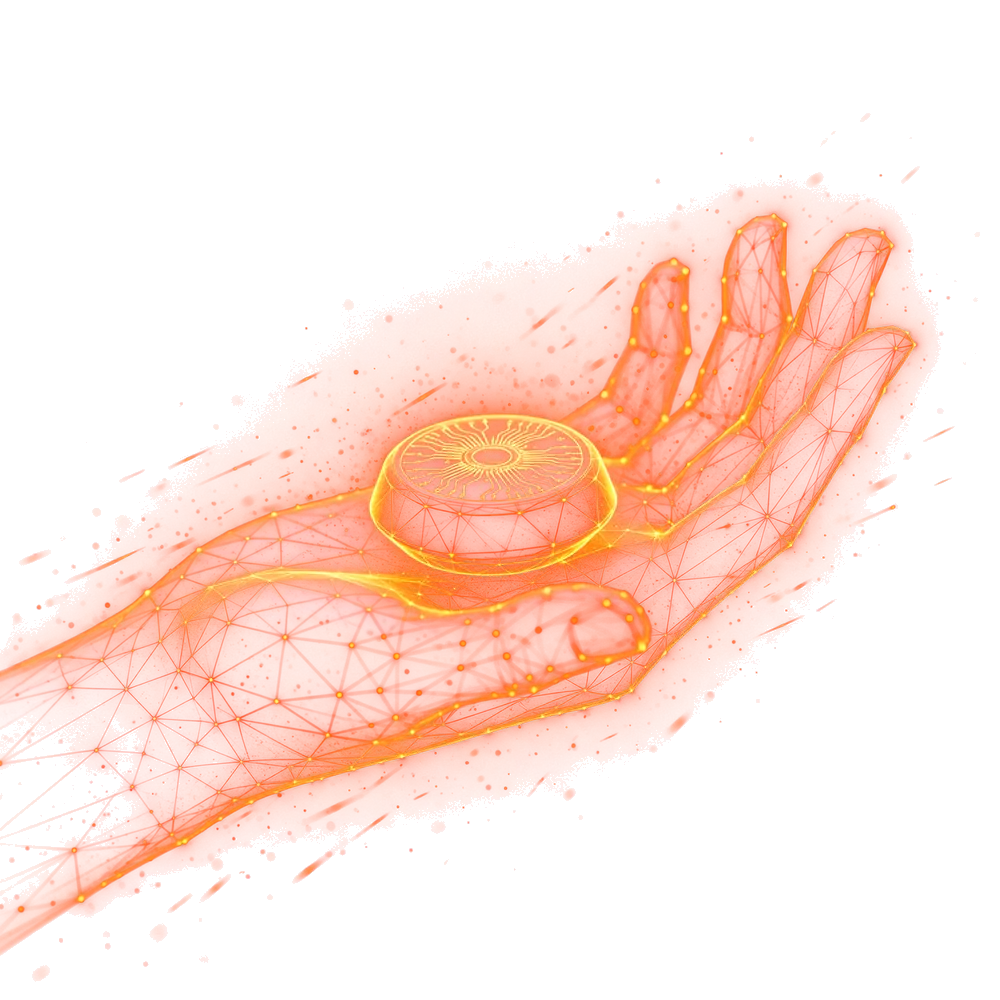 Glowing wireframe illustration of a hand holding a small hardware device prototype
